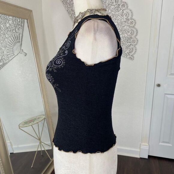 Boho Whimsygoth Black Brown Beaded Embellished Baby Tee Crop Top M - Picture 5 of 7